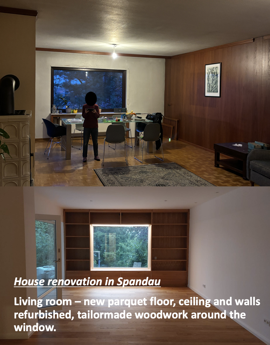 living room renovation with new parquet and carpenter work in Berlin